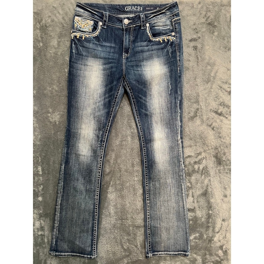 Grace In LA Womens 30 Rhinestone Embellished MidRise Bootcut Jeans TALL Bling